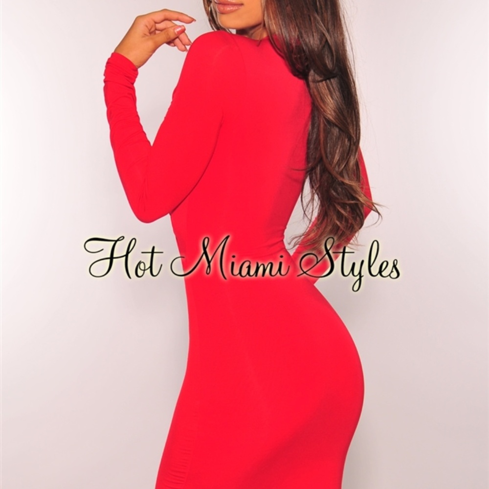 Hot Miami Styles Red Long Sleeves Body-Con Dress